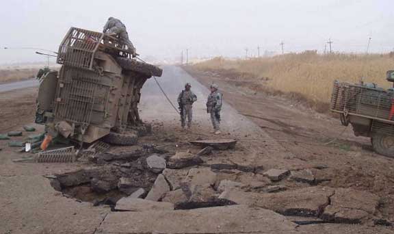Roadside destruction in war torn Middle East - Flying Humvee to the rescue!