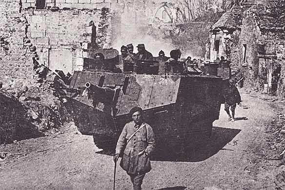 St-Charmond WWI Tank group proudly walkling through a wonerfully devestated French Village